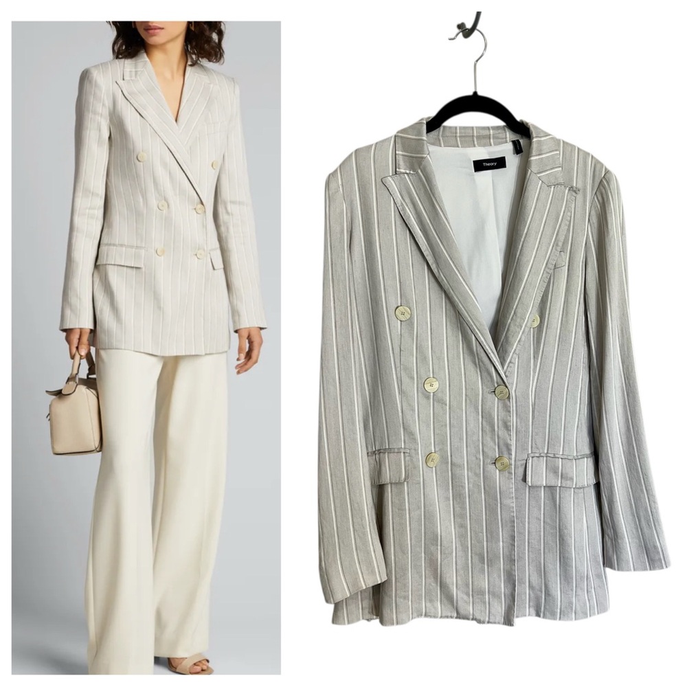 Theory linen blend double breasted striped tailored blazer jacket grey office 4